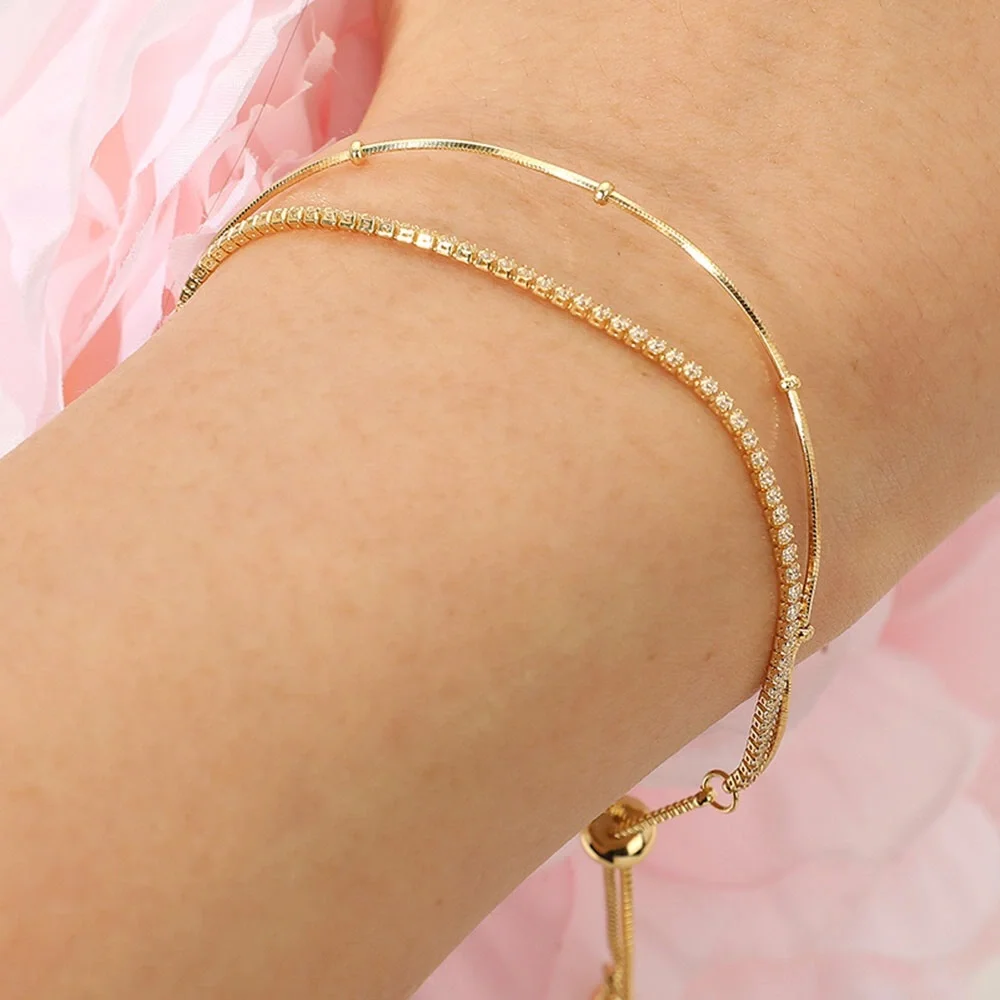 18K Gold Dipped Rhinestone Ball Chain Layered Bracelet